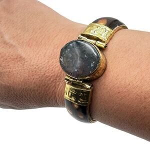 VINTAGE BONE HINGED CUFF BANGLE BRACELET BRASS ACCENTS GEMSTONE - NWOT #11
